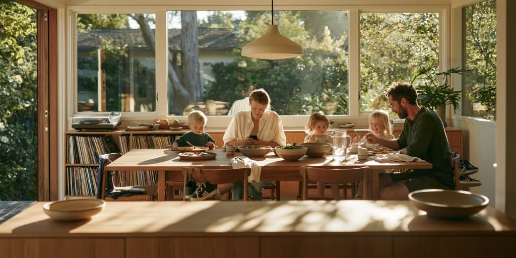 A mother checking her phone at the family dinner table, her children and partner around her