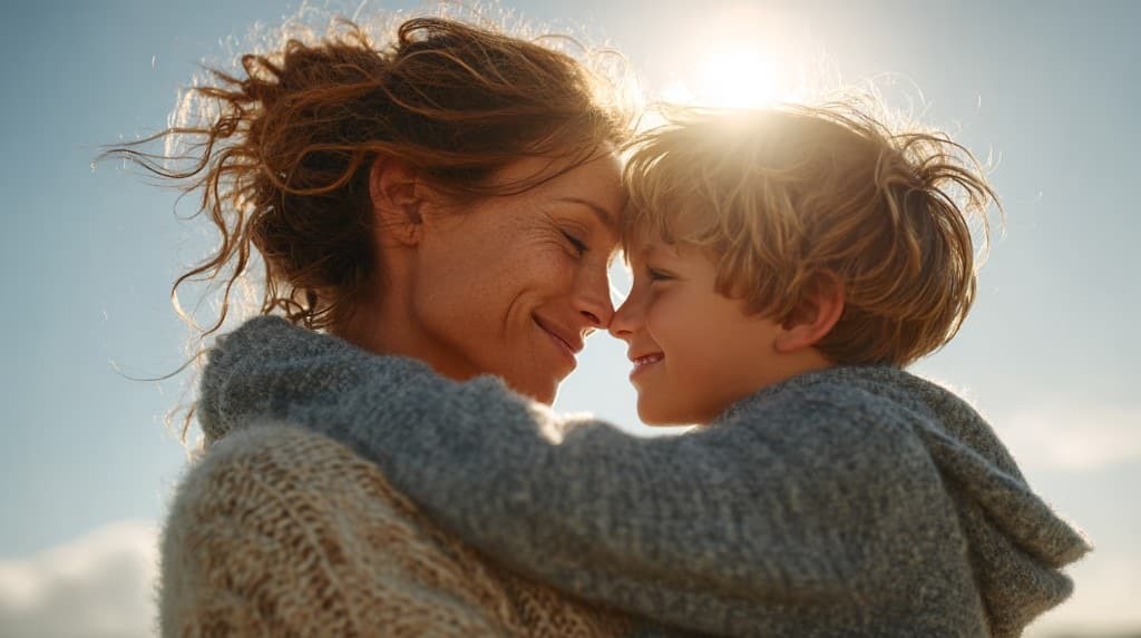 A mother and her young son touching foreheads outdoors, smiling in the sunlight