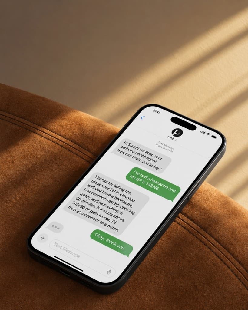 A phone showing a text conversation about a headache and high blood pressure